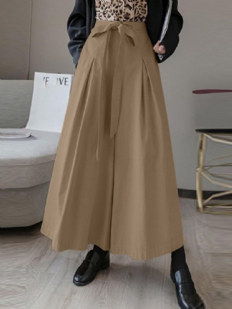 Kvinnor Enfärgad Tie Front Casual Wide Leg Byxor Med Ficka