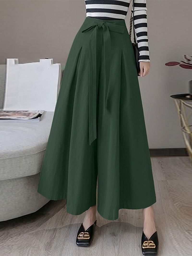 Kvinnor Enfärgad Tie Front Casual Wide Leg Byxor Med Ficka