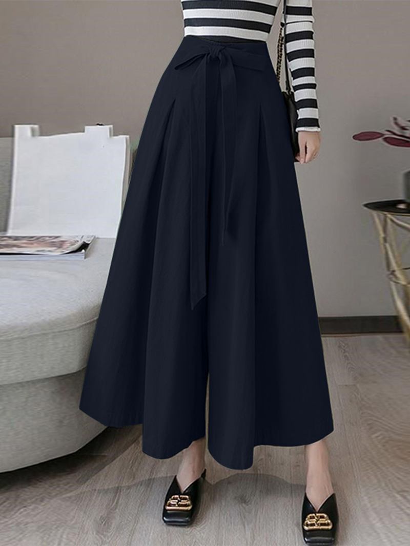 Kvinnor Enfärgad Tie Front Casual Wide Leg Byxor Med Ficka