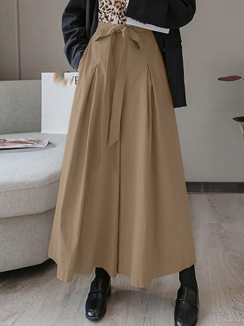 Kvinnor Enfärgad Tie Front Casual Wide Leg Byxor Med Ficka