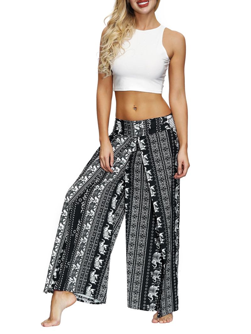 Kvinnor Idyllisk Etnisk Stil Hög Midja Sida Split Loose Yoga Wide Leg Byxor