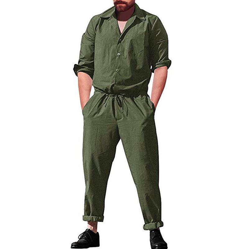 Män Casual Romper Långärmad Jumpsuit Stativ Krage Militär Overall Cargo Byxor