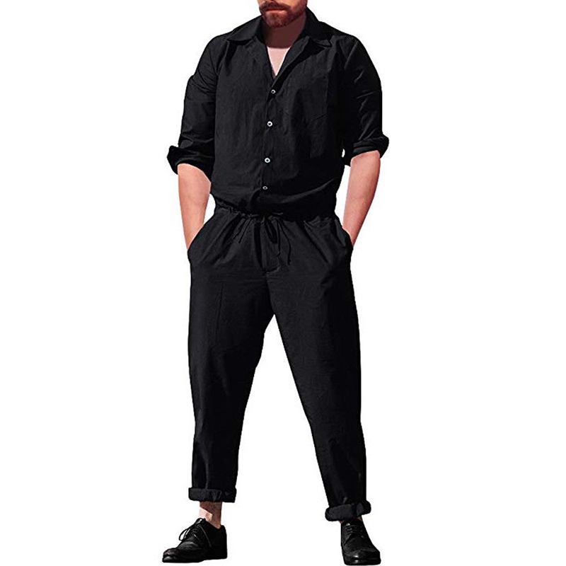 Män Casual Romper Långärmad Jumpsuit Stativ Krage Militär Overall Cargo Byxor