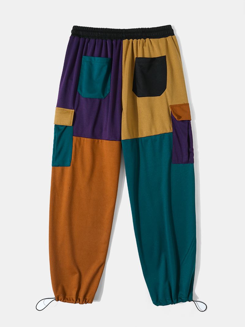 Män Patchwork Färg Block Sidofickor Dragsko Street Pants