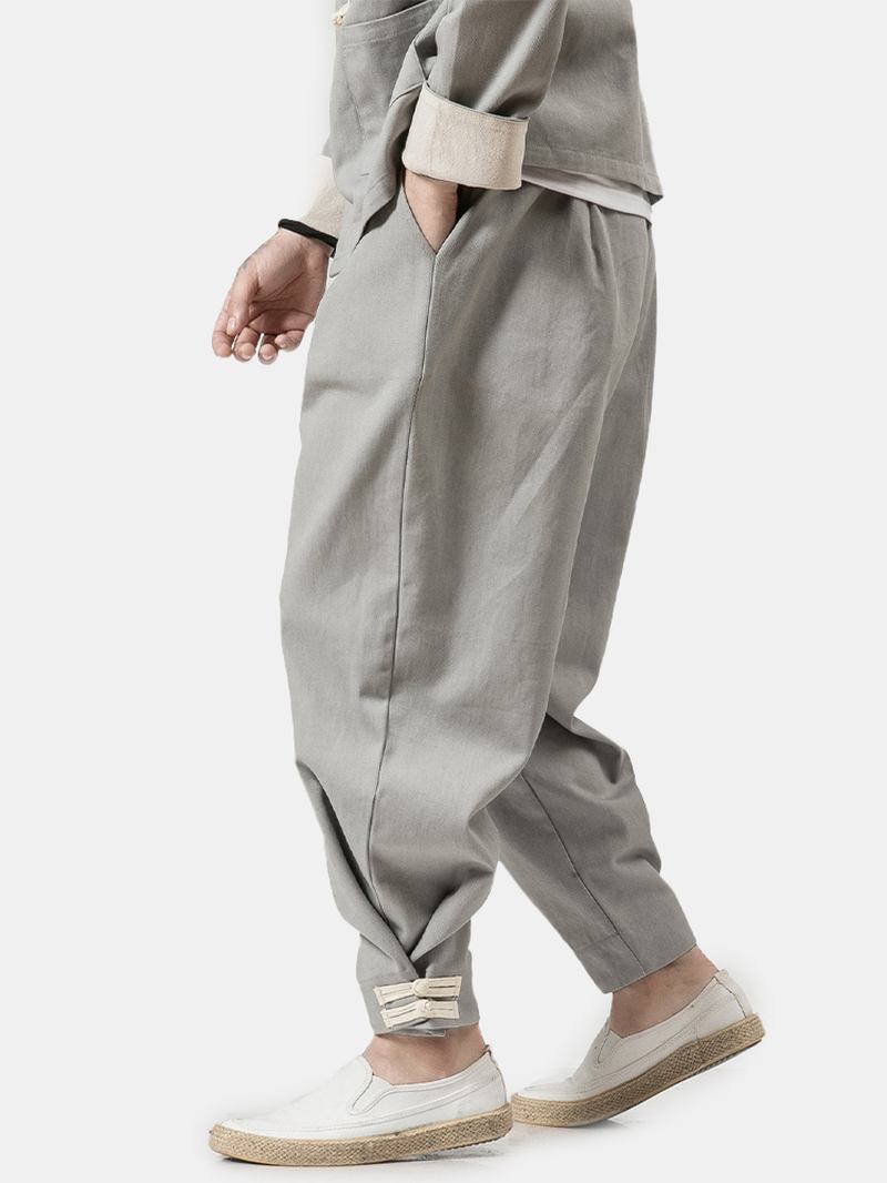 Mäns Kinesisk Stil Nytt Löst Harem Bomull Casual Mode Fötter Enfärgad National Wind Linen Byxor