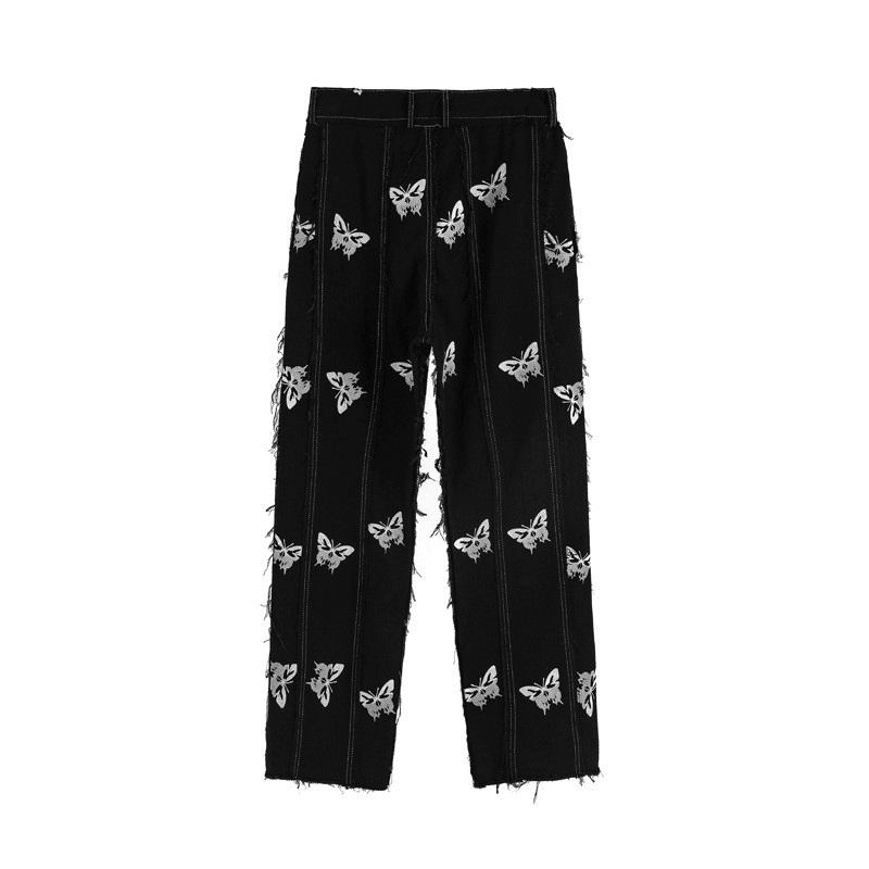 Ming Series Butterfly Tryck Straight Leg Byxor Hip-hop Street Personlighet Stitching