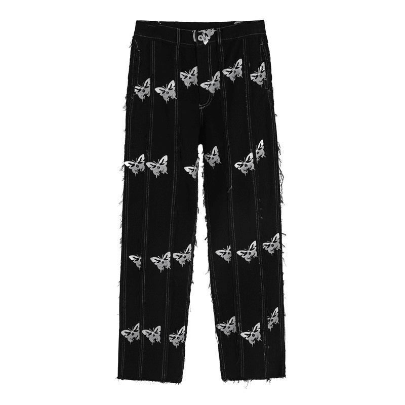 Ming Series Butterfly Tryck Straight Leg Byxor Hip-hop Street Personlighet Stitching