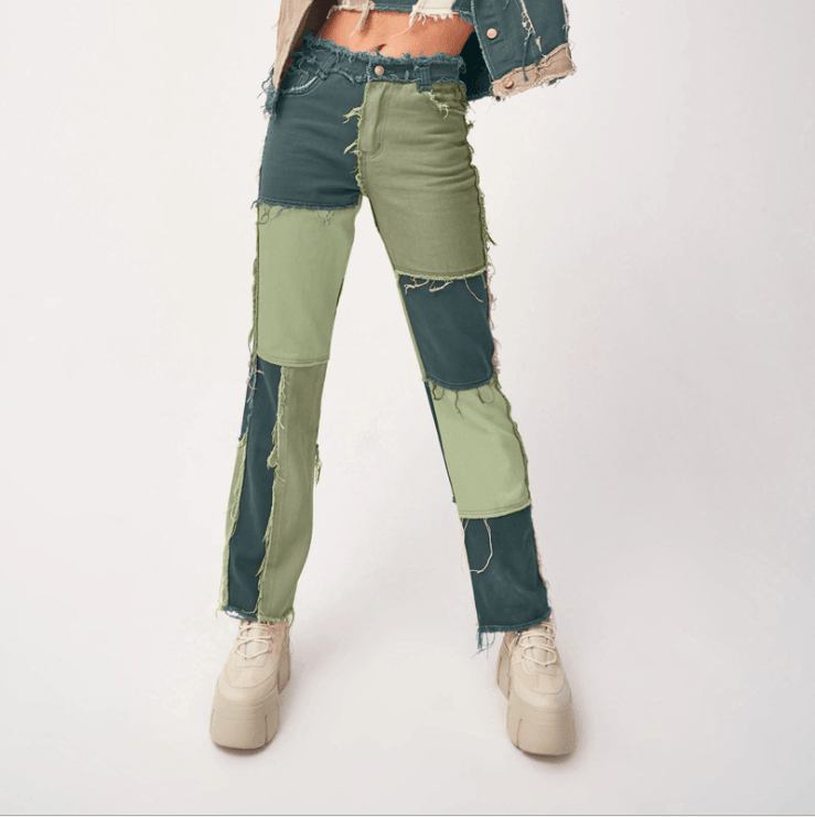 Patchwork Kontrast Färg Hip Hop Byxor Dam High Waist Street Wear Tofs Jeans Casual Denim Byxor