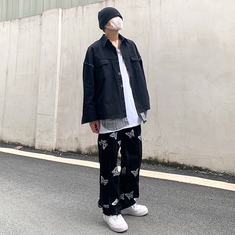 Personlighet Fjäril Reflekterande Utskrift Sömmar Tofs Harajuku Hip-hop Street Raka Jeans Dark Tide