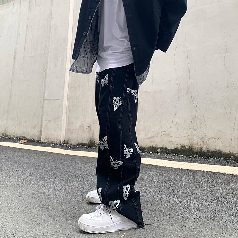 Personlighet Fjäril Reflekterande Utskrift Sömmar Tofs Harajuku Hip-hop Street Raka Jeans Dark Tide