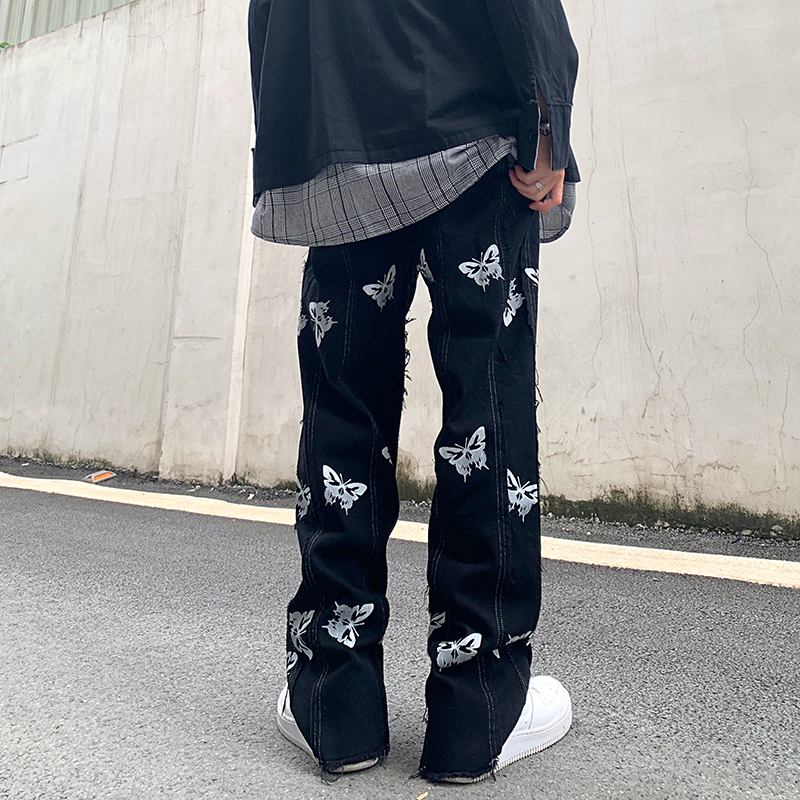 Personlighet Fjäril Reflekterande Utskrift Sömmar Tofs Harajuku Hip-hop Street Raka Jeans Dark Tide