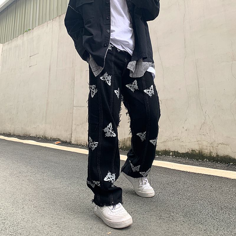 Personlighet Fjäril Reflekterande Utskrift Sömmar Tofs Harajuku Hip-hop Street Raka Jeans Dark Tide