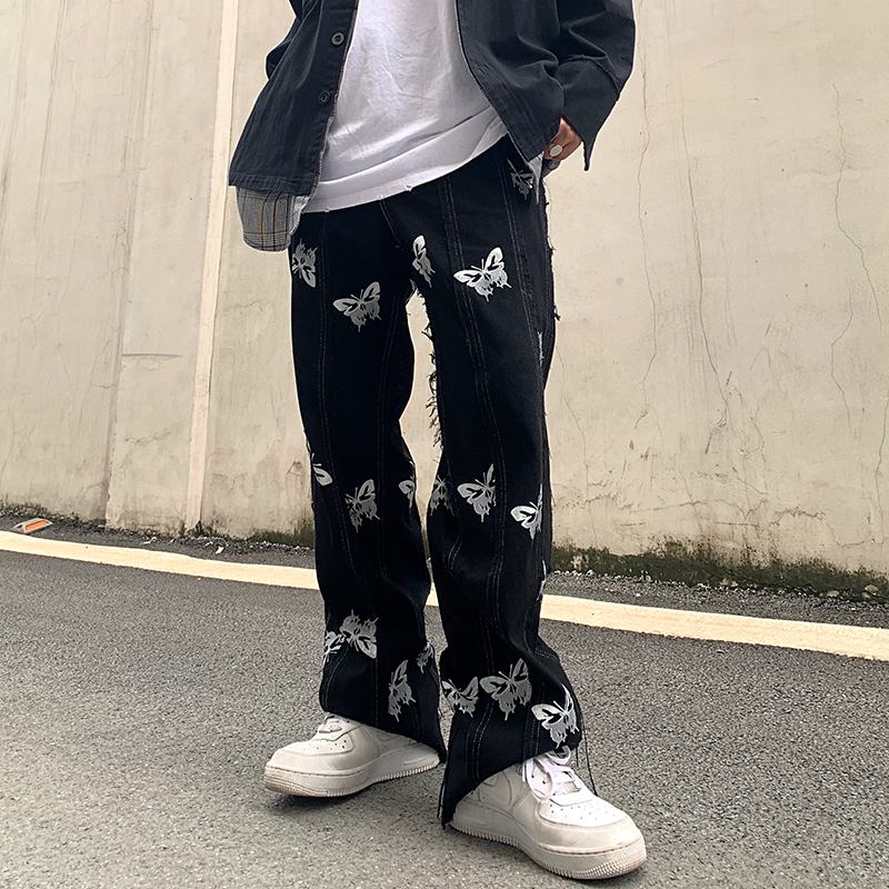 Personlighet Fjäril Reflekterande Utskrift Sömmar Tofs Harajuku Hip-hop Street Raka Jeans Dark Tide