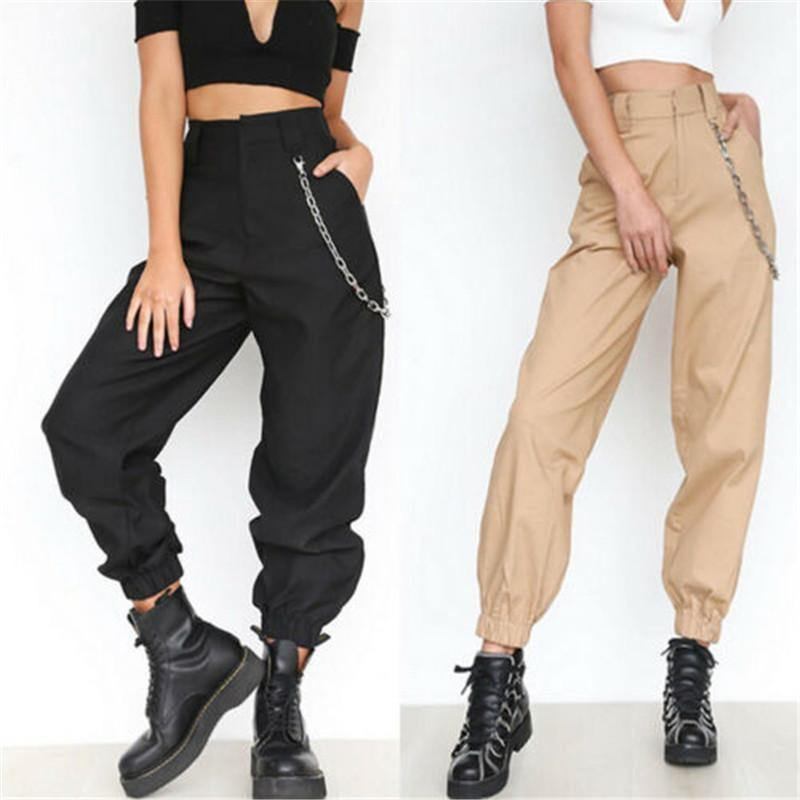 S-2xl Plus Size Byxor Dam Casual High Waist Cargo Byxor Dam Lösa Solid Black Khaki Byxor Fickor Elastiska Midjebottnar