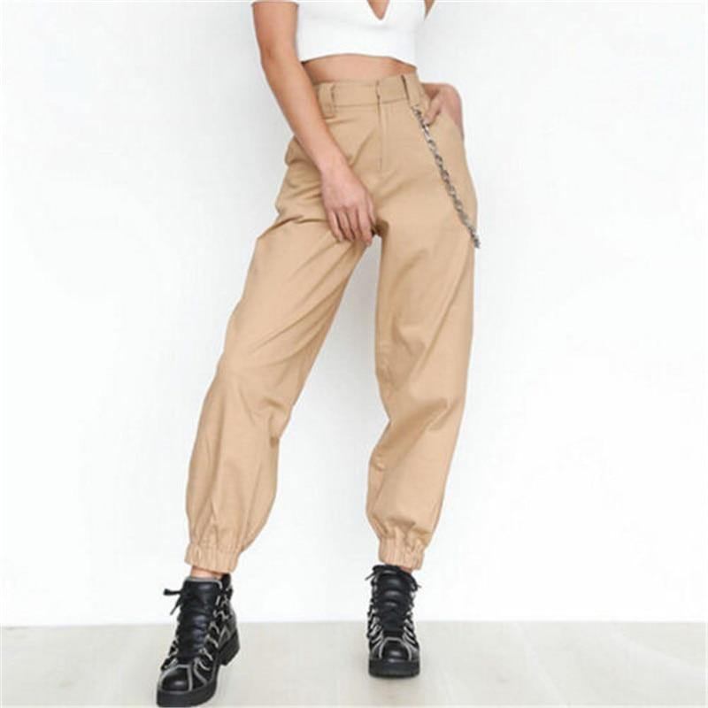 S-2xl Plus Size Byxor Dam Casual High Waist Cargo Byxor Dam Lösa Solid Black Khaki Byxor Fickor Elastiska Midjebottnar