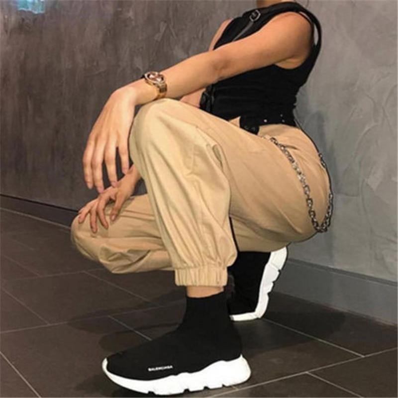 S-2xl Plus Size Byxor Dam Casual High Waist Cargo Byxor Dam Lösa Solid Black Khaki Byxor Fickor Elastiska Midjebottnar