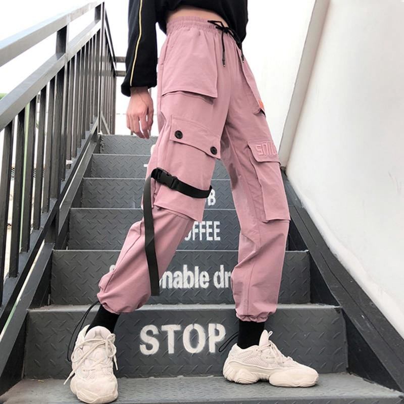 Spring Streetwear Broderi Dam Cargo Byxor Kvinnor Casual Joggers Solida Stora Pocket Byxor Hög Midja Lösa Kvinnliga Byxor