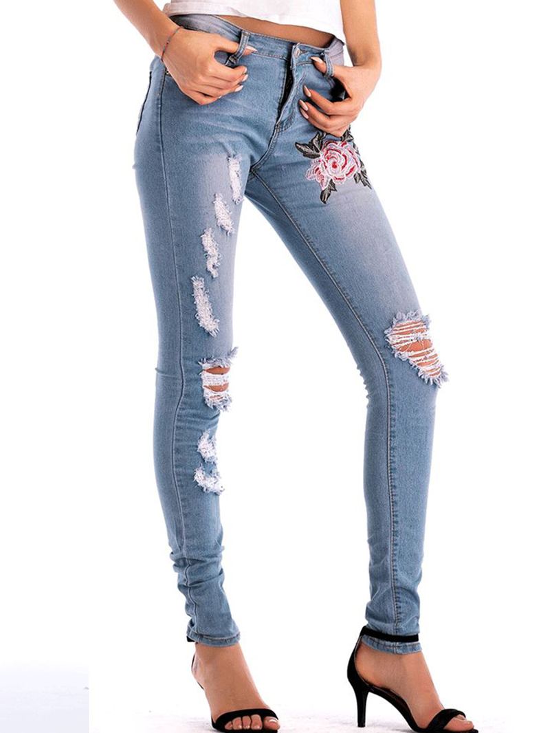 Stretchiga Jeans Med Hög Midja Skinny Broderi