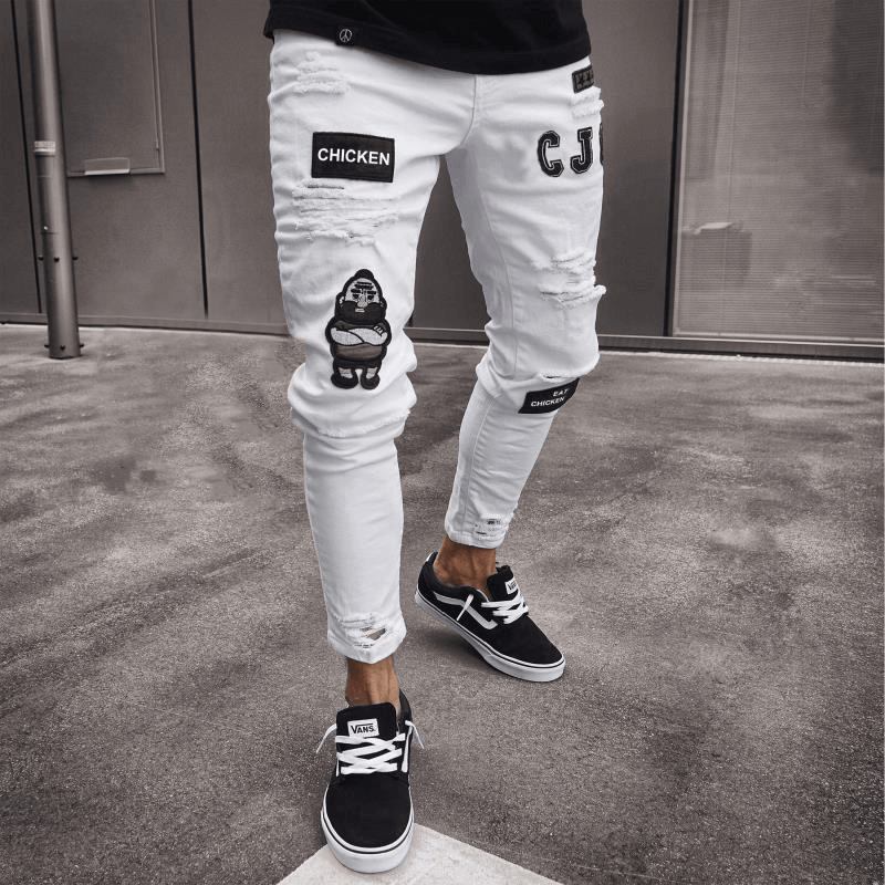 White High-end Denim Herrbyxor Gränsöverskridande Utrikeshandel Hål Trend Svarta Slim Jeans Herr