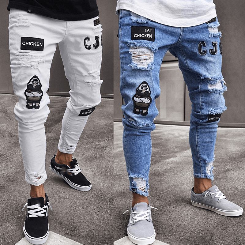 White High-end Denim Herrbyxor Gränsöverskridande Utrikeshandel Hål Trend Svarta Slim Jeans Herr