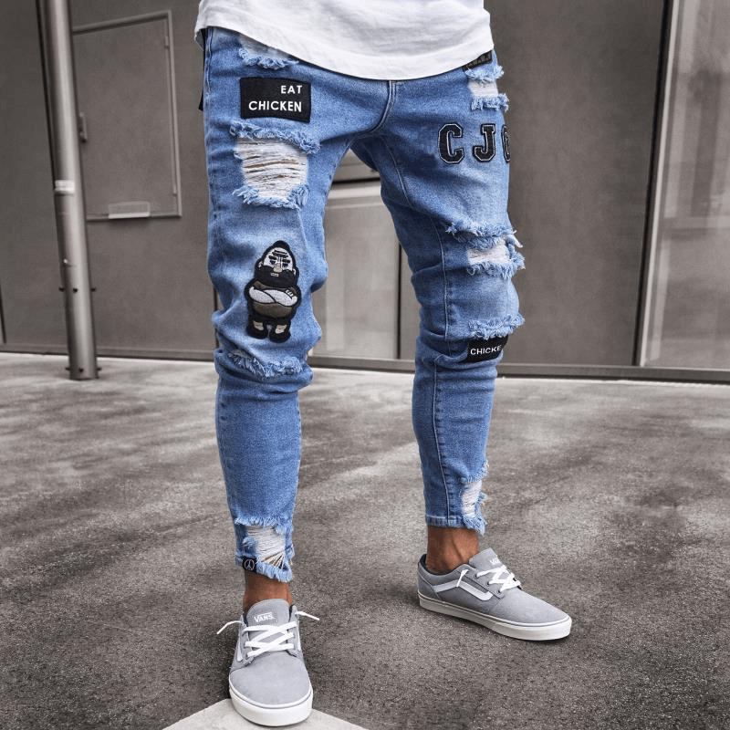 White High-end Denim Herrbyxor Gränsöverskridande Utrikeshandel Hål Trend Svarta Slim Jeans Herr